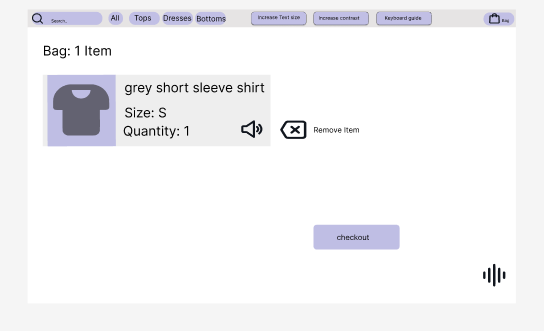High-fidelity prototype of the bag: a header with search, All, Tops, Dresses and Bottoms, and Increase text size, Increase contrast and Keyboard guide toggles; one grey short sleeve shirt, size S, quantity 1, with a speaker icon, Remove item and a lavender Checkout button.