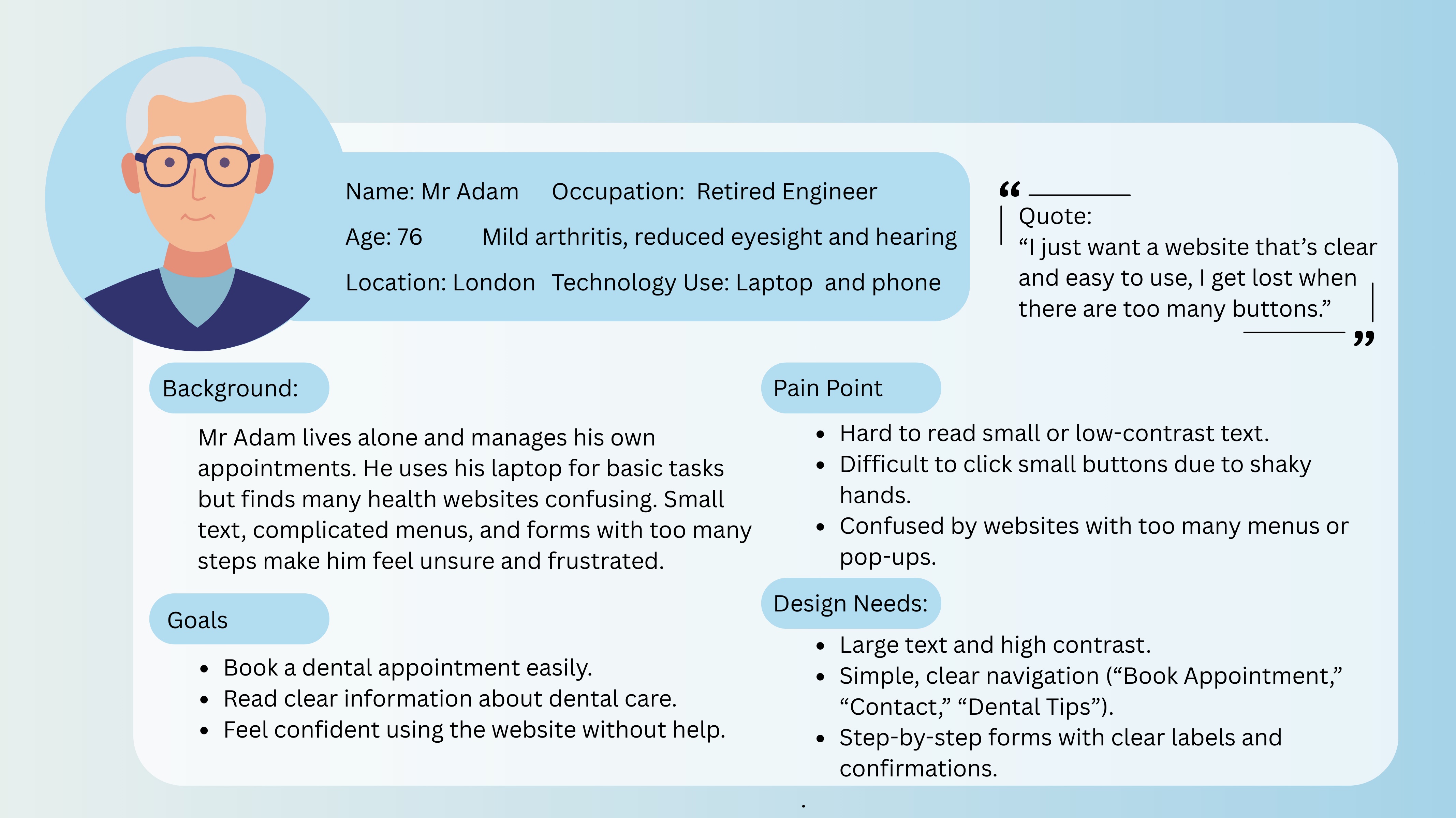 Persona card for Mr Adam, 76, retired engineer in London with mild arthritis and reduced eyesight and hearing. Quote: I just want a website that’s clear and easy to use, I get lost when there are too many buttons.