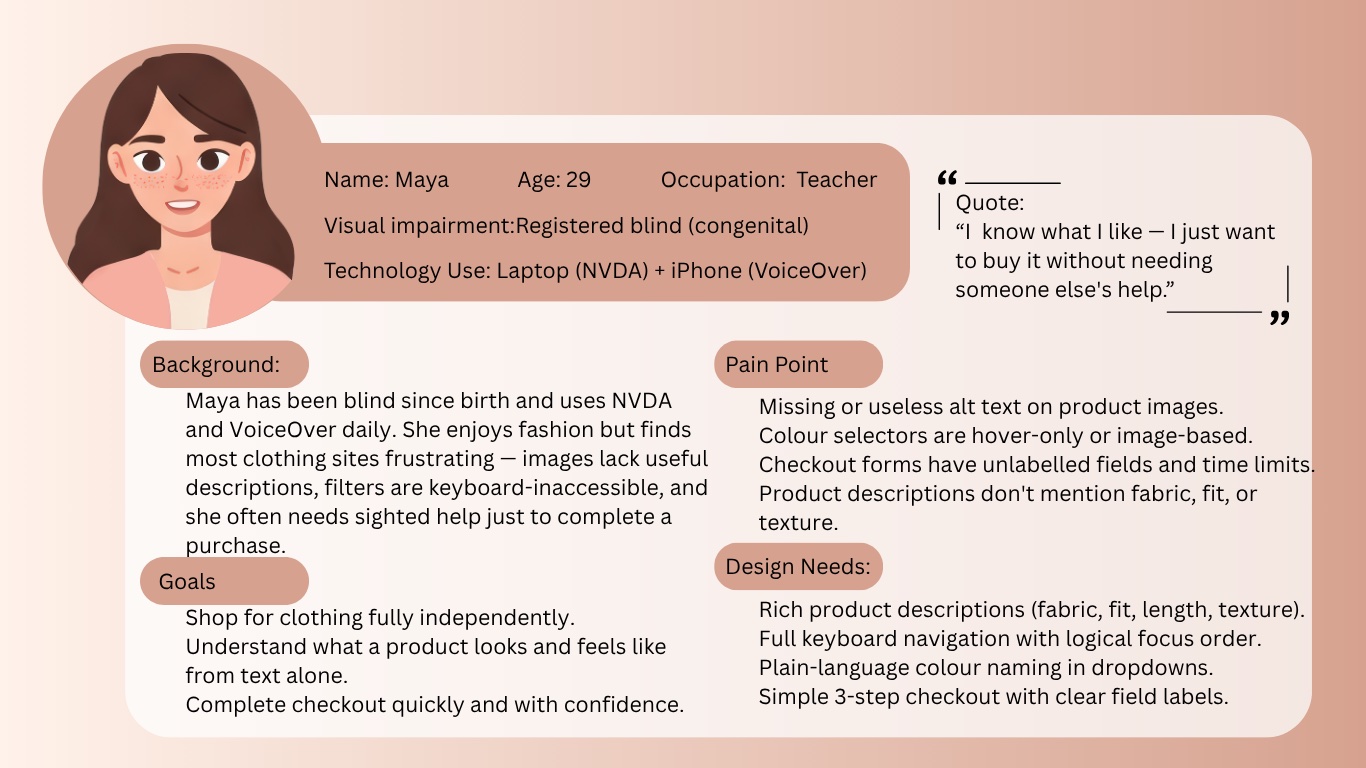 Persona card for Maya, 29, teacher, registered blind since birth, using NVDA on a laptop and VoiceOver on iPhone. Quote: I know what I like — I just want to buy it without needing someone else’s help.