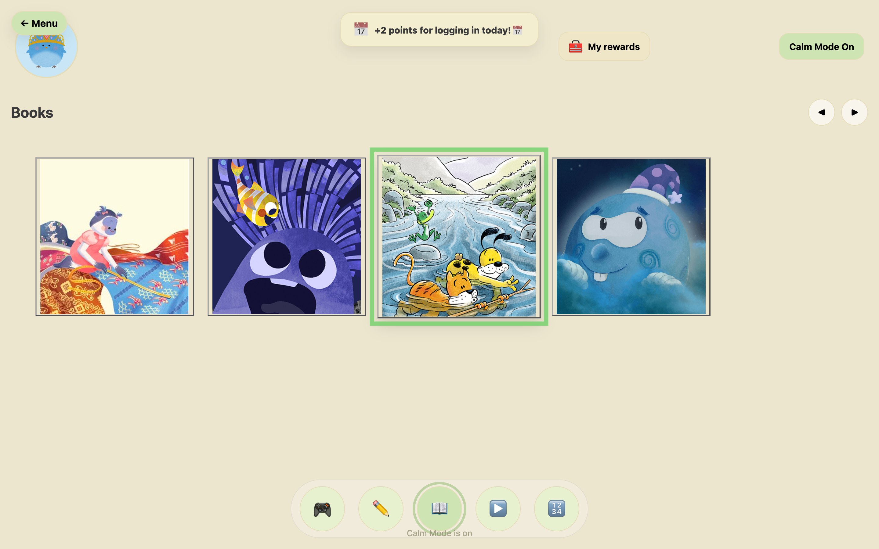 The same home screen in Calm Mode, with a muted background.