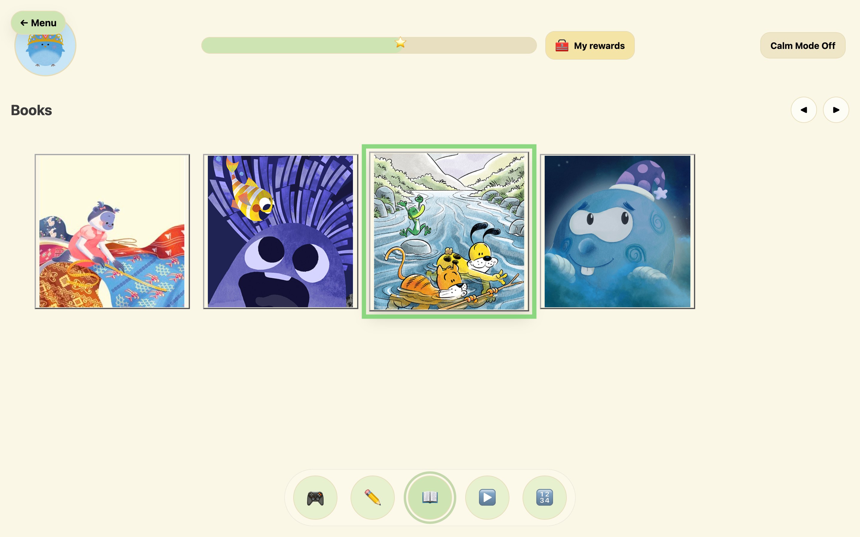 Learning platform: four book covers in a carousel, one outlined by a green selection ring.