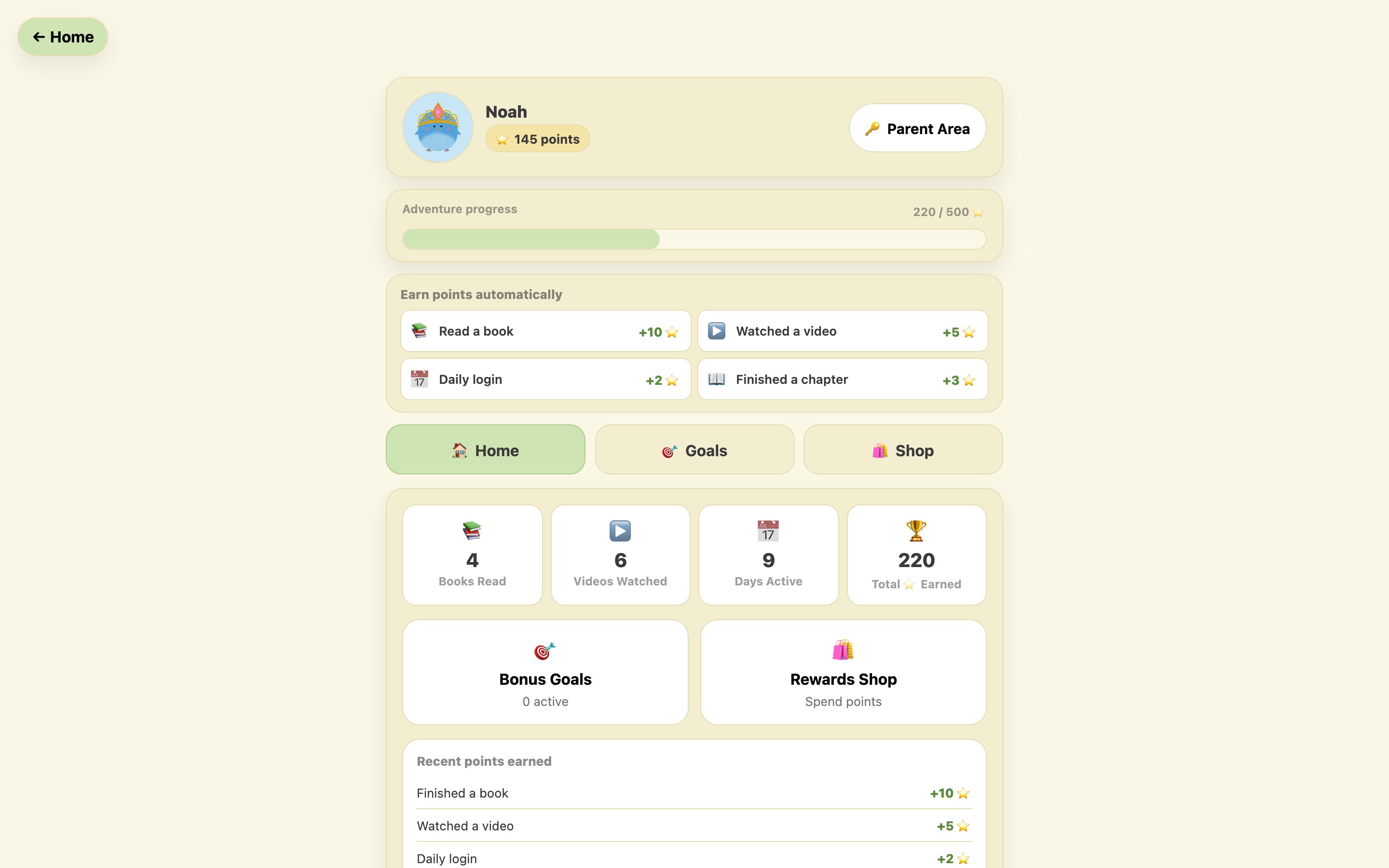 Progress dashboard with large Home, Goals and Rewards Shop controls, a Parent Area button, and large Bonus Goals and Rewards Shop cards.