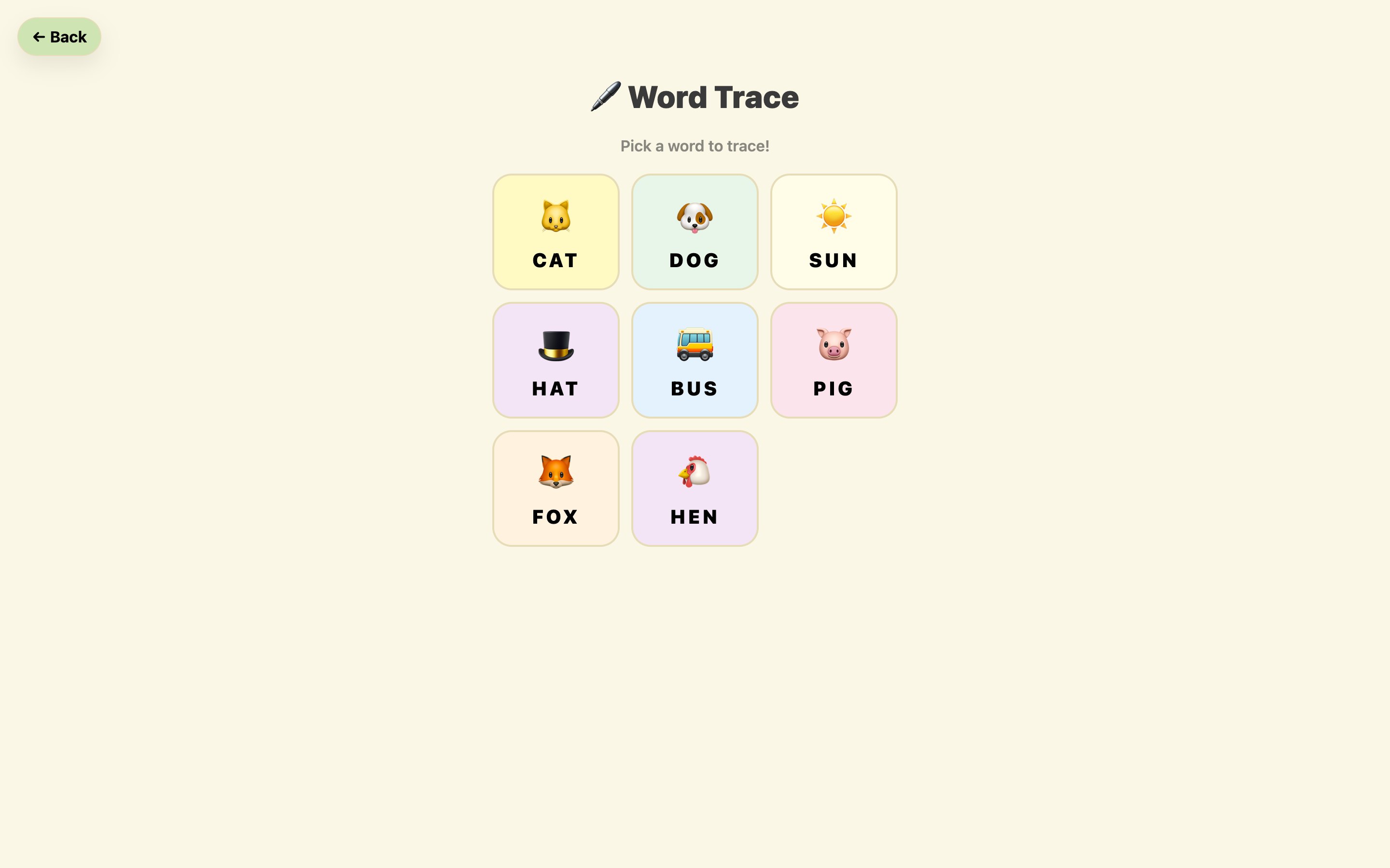 Word tracing activity with a word to trace and simple drawing tools.