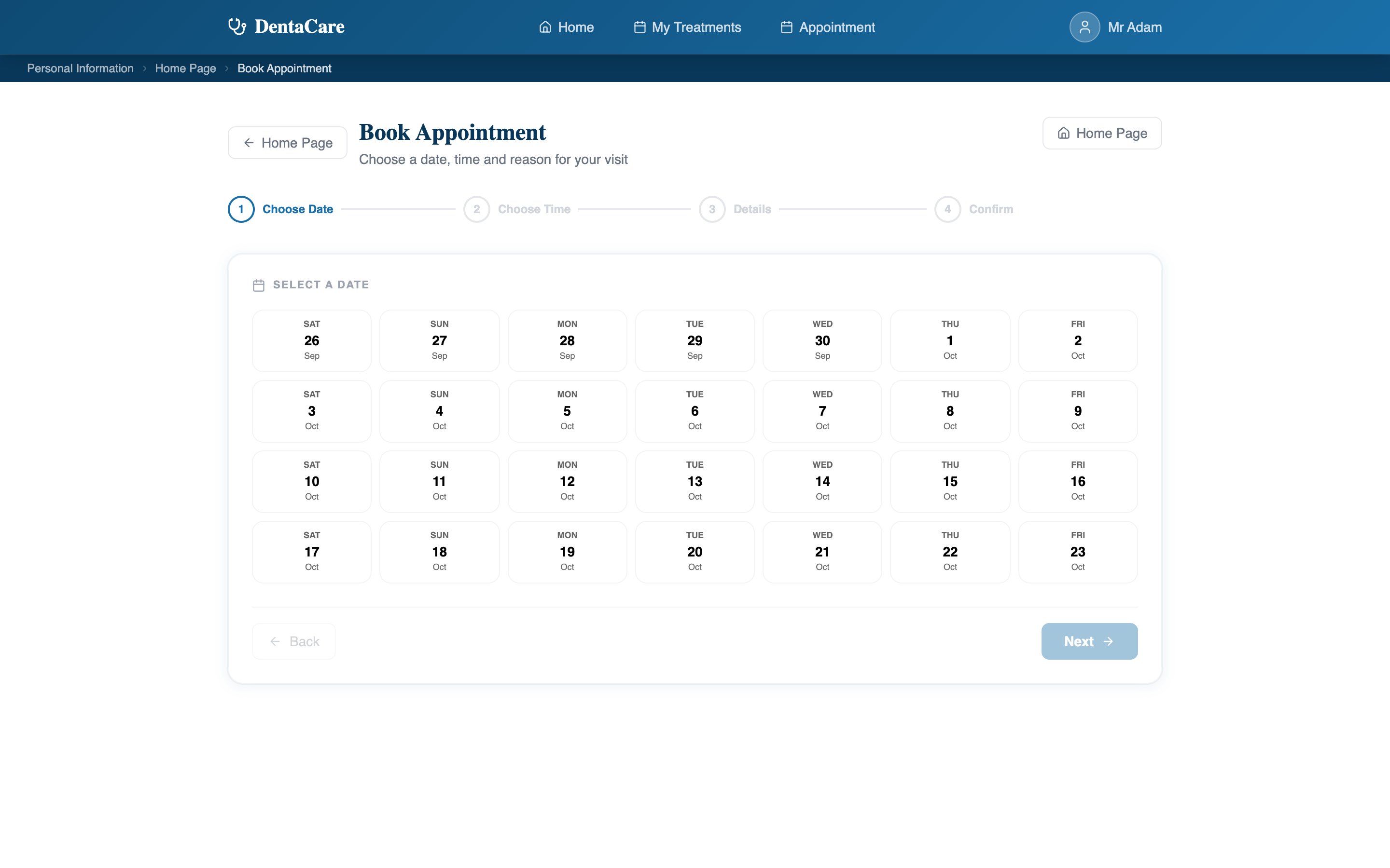 Book appointment page with large date and time choices.
