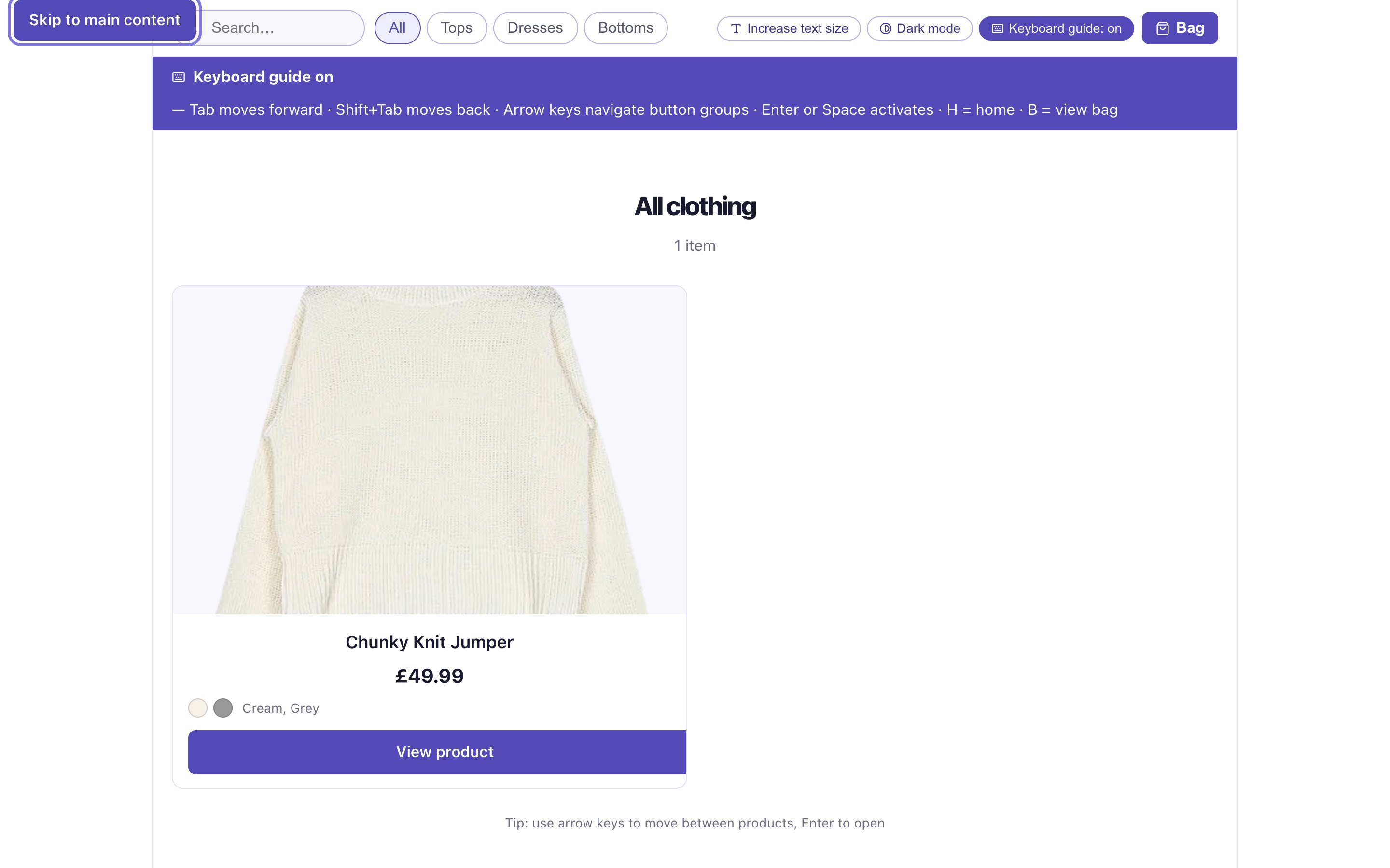 Shop page with the keyboard guide turned on, listing the keyboard shortcuts.