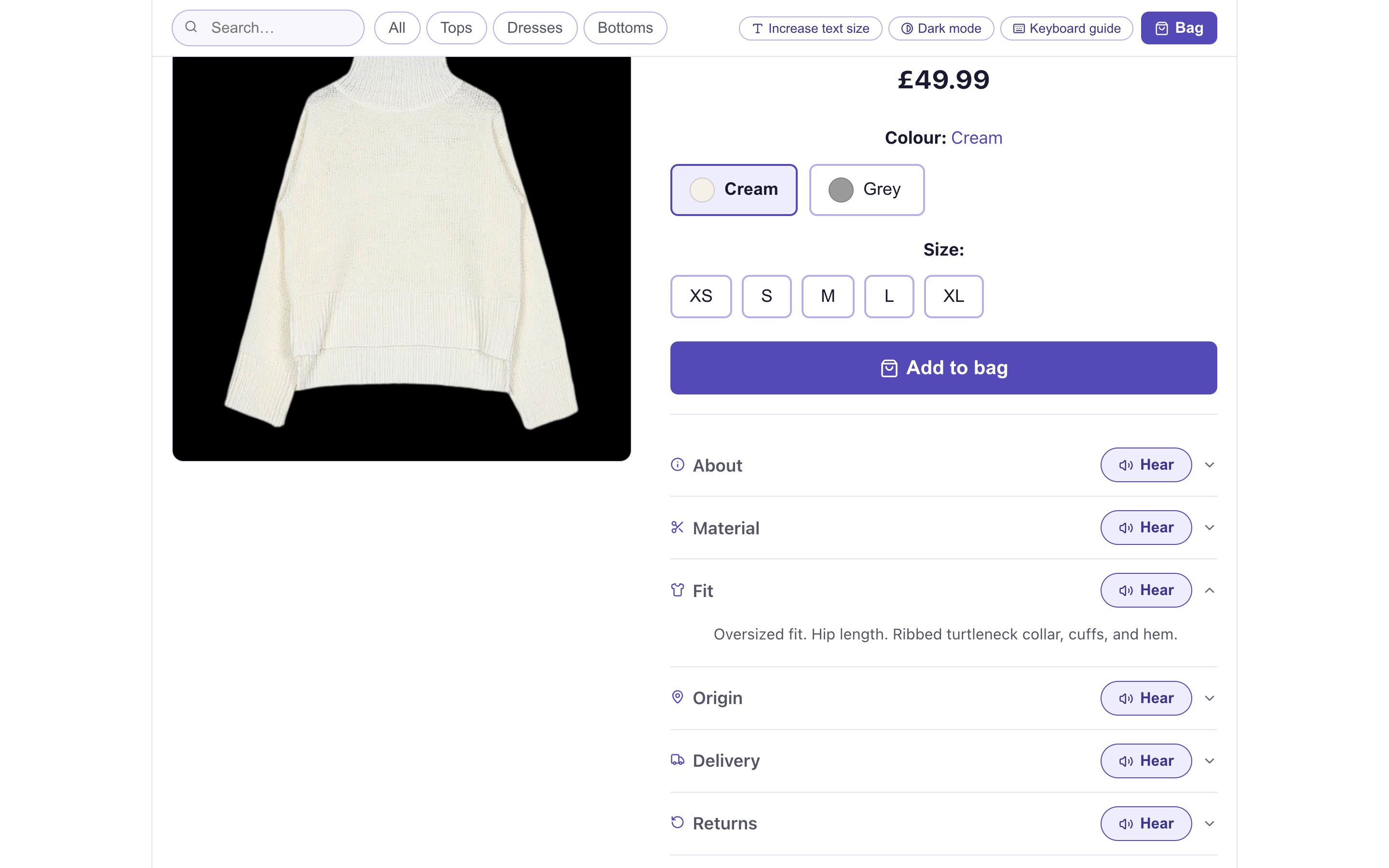 Product detail rows: About, Material, Fit, Origin, Delivery and Returns, each with a Hear button and an expand arrow.