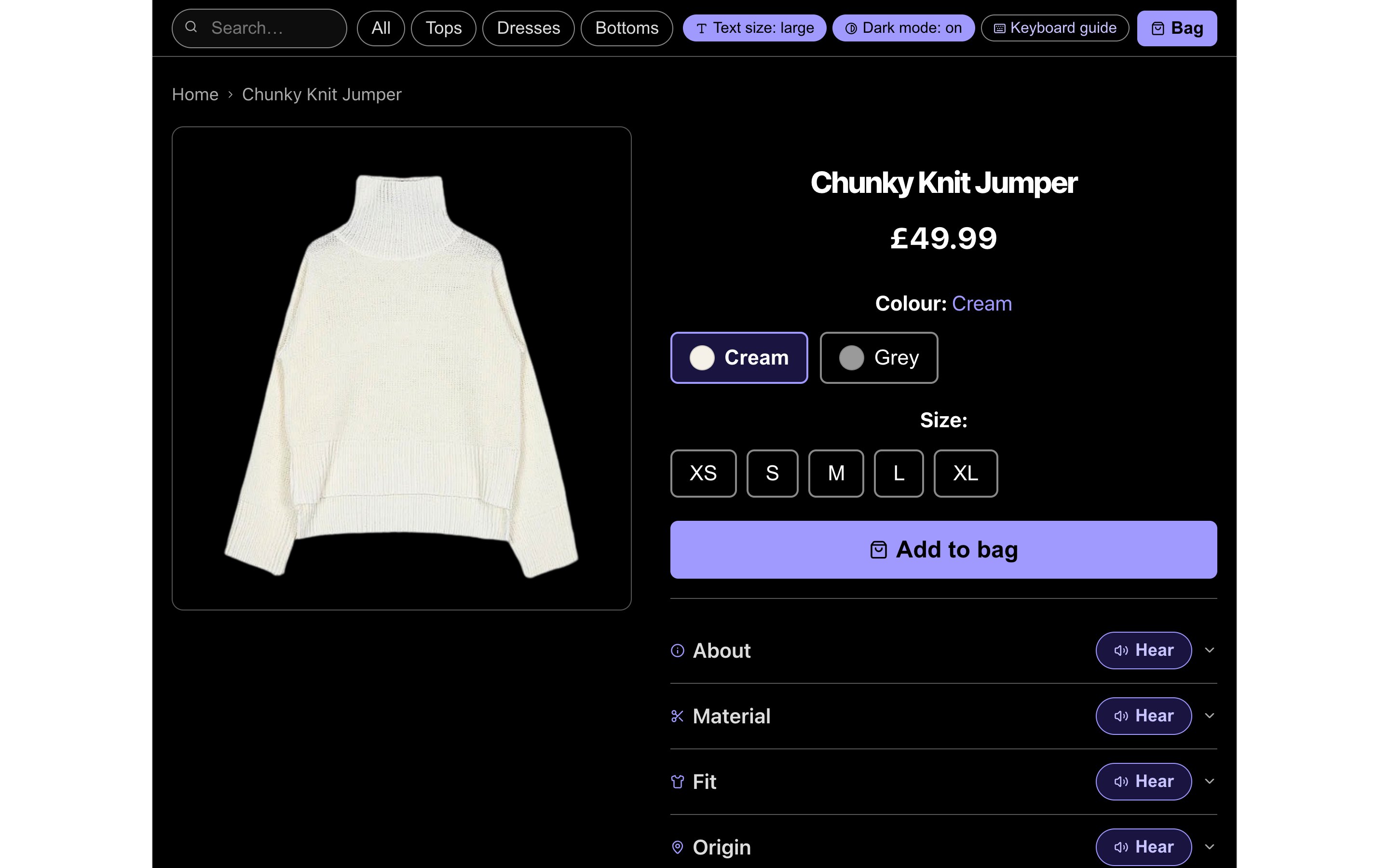 The same product page in dark mode with larger text.