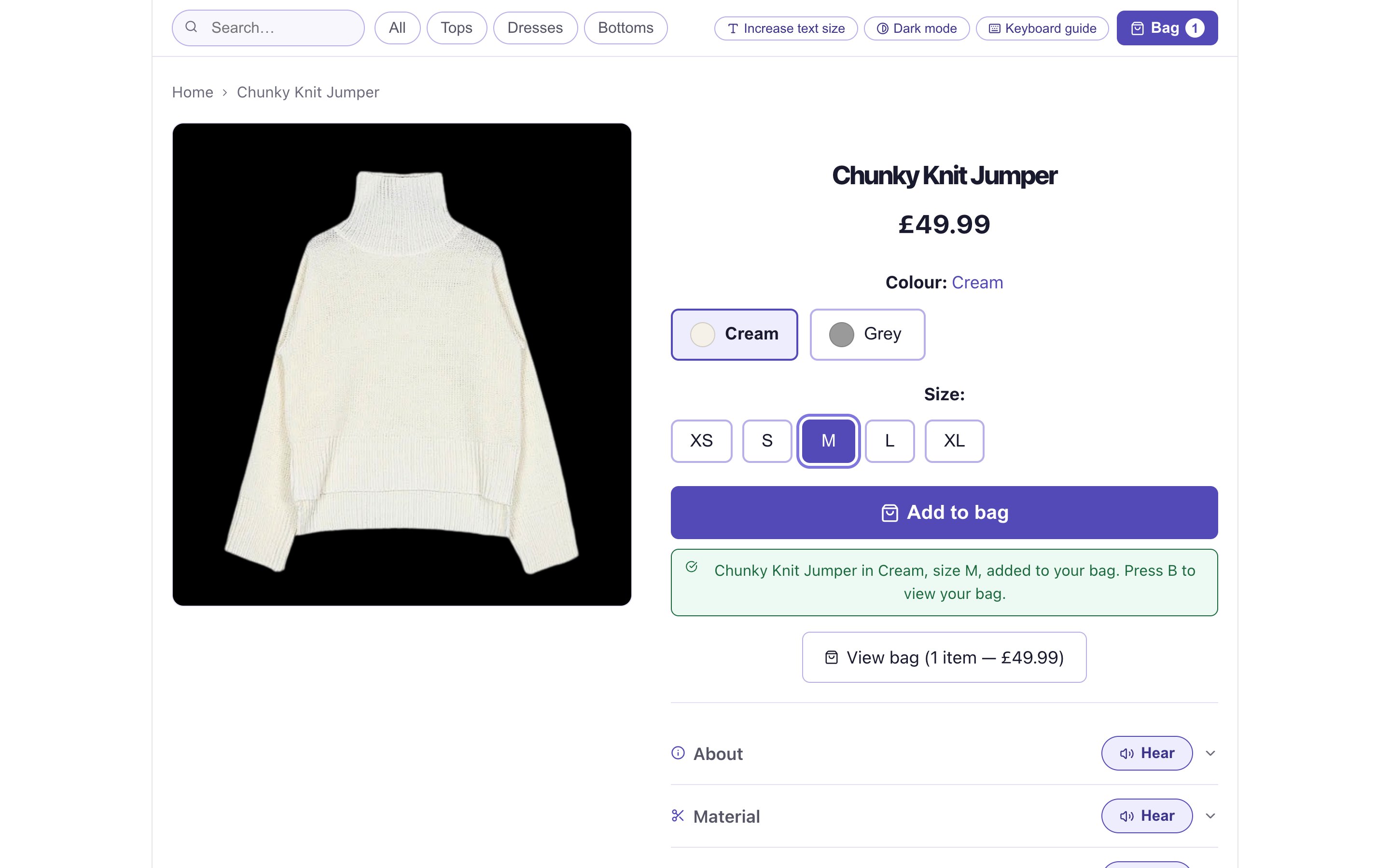 E-commerce product page: chunky knit jumper with named colour and size choices.